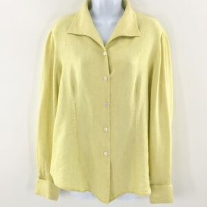 Vtg Guy Laroche Womens Top Yellow Button Up Linen Blend Spread Collar Sz 18